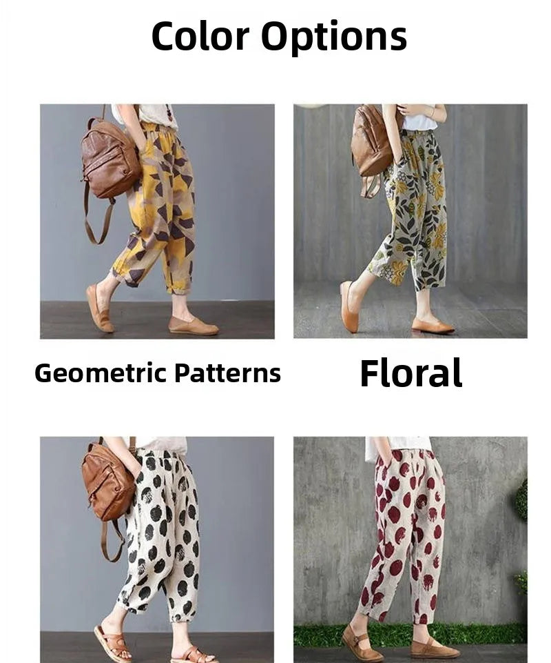 Pantalones Harlan de Verano para Mujer de Lino y Algodón, de Cintura Alta, Sueltos, Delgados, Estampados, Informales, tipo Farol, de Nueve Puntos con Bolsillos