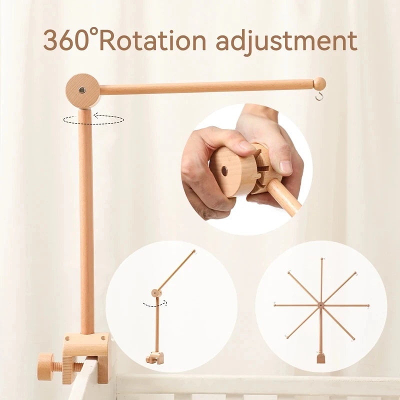 Baby Wooden Bed Bell Bracket – Newborn Crib Mobile Stand for 0-12 Months, Wooden Hanging Toy Holder with Crochet Bed Bell Rattle, Infant Nursery Decoration & Sensory Baby Toy Accessory