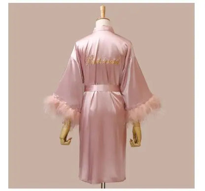Women’s Feather Satin Robe – Bride Bridesmaid Wedding Kimono Bathrobe V-Neck Nightgown Lingerie