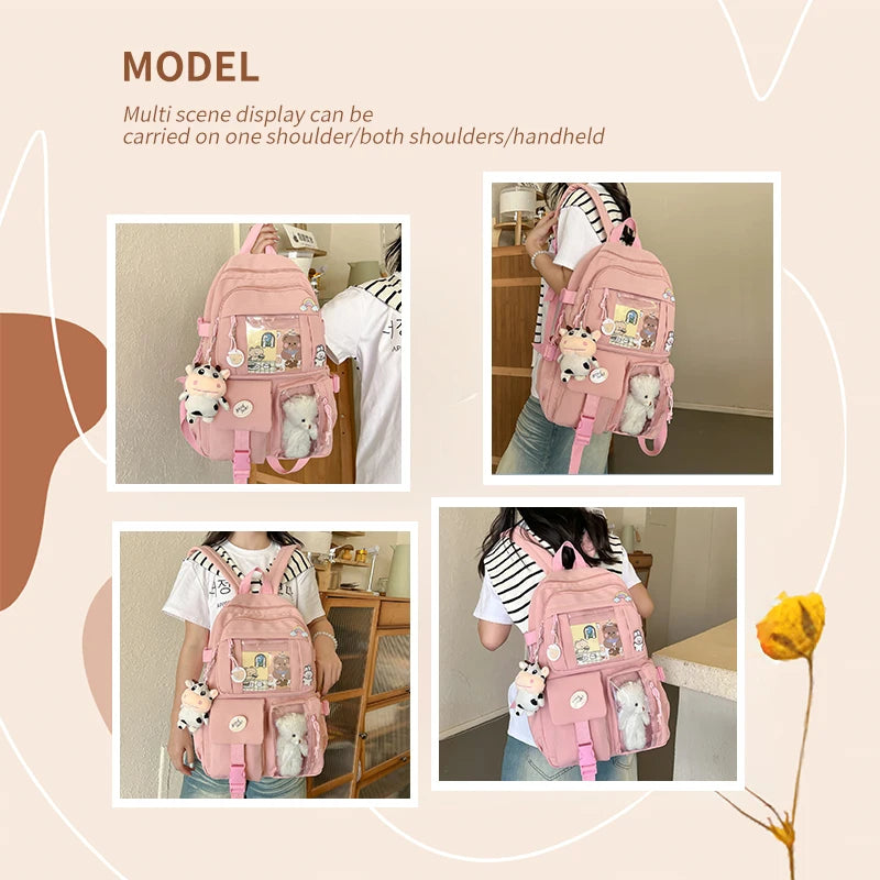 Cute Nylon Backpack for Girls & Women – Multi-Pocket Student School Bag, Lightweight Casual Backpack for Students, Travel & Daily Use