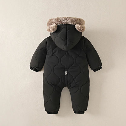 0-3 Years Baby Hooded Fleece Onesie – Warm Cotton Autumn & Winter Romper, Solid-Color Newborn Crawling Suit for Infants & Toddlers
