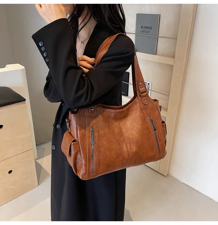 Women’s PU Leather Shoulder Bag – 2026 Fashion Handbag with Soft Interior Compartment, Contrast Color Design, Zipper Closure, Stylish Everyday Purse for Work, Travel & Casual Use