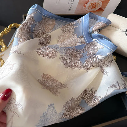 2024 Lujosa Bufanda Cuadrada de Seda de 70cm para Mujer con Estampado Floral, Pañuelo de Diseñador, Fular, Chal, Hiyab, Diadema, Lazos
