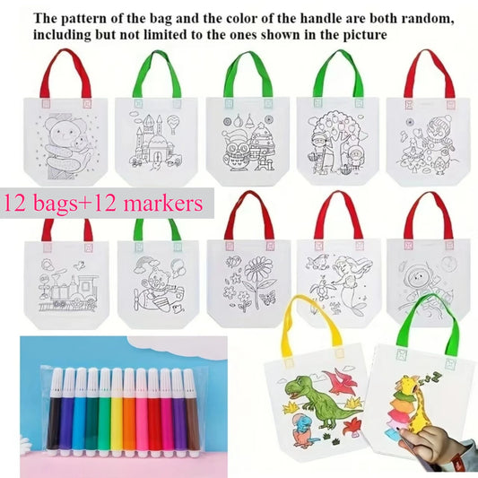 24 bolsas de regalo de animales para grafitis, con rotuladores de colores, bolsas reutilizables para fiestas infantiles, manualidades, almacenamiento y actividades de cumpleaños.