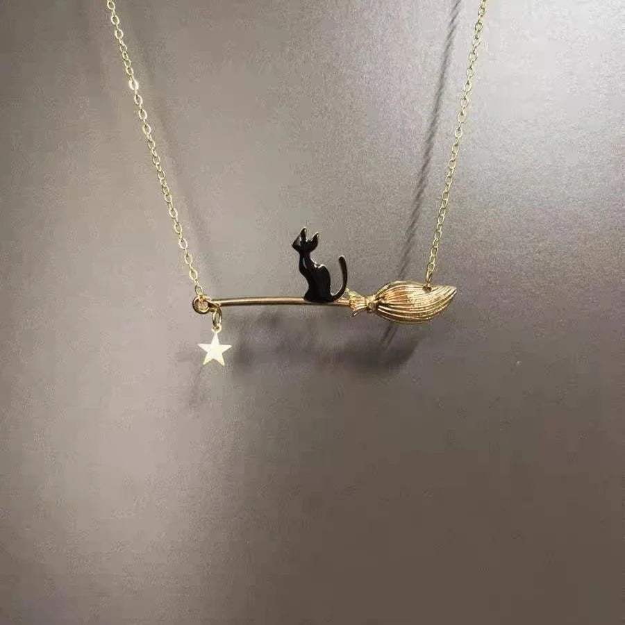 Funny Cat Riding Broom Necklace for Women – Creative Personalized Pendant Choker Chain, Halloween Jewelry & Friend Gift Accessory