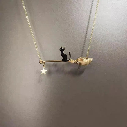 Funny Cat Riding Broom Necklace for Women – Creative Personalized Pendant Choker Chain, Halloween Jewelry & Friend Gift Accessory