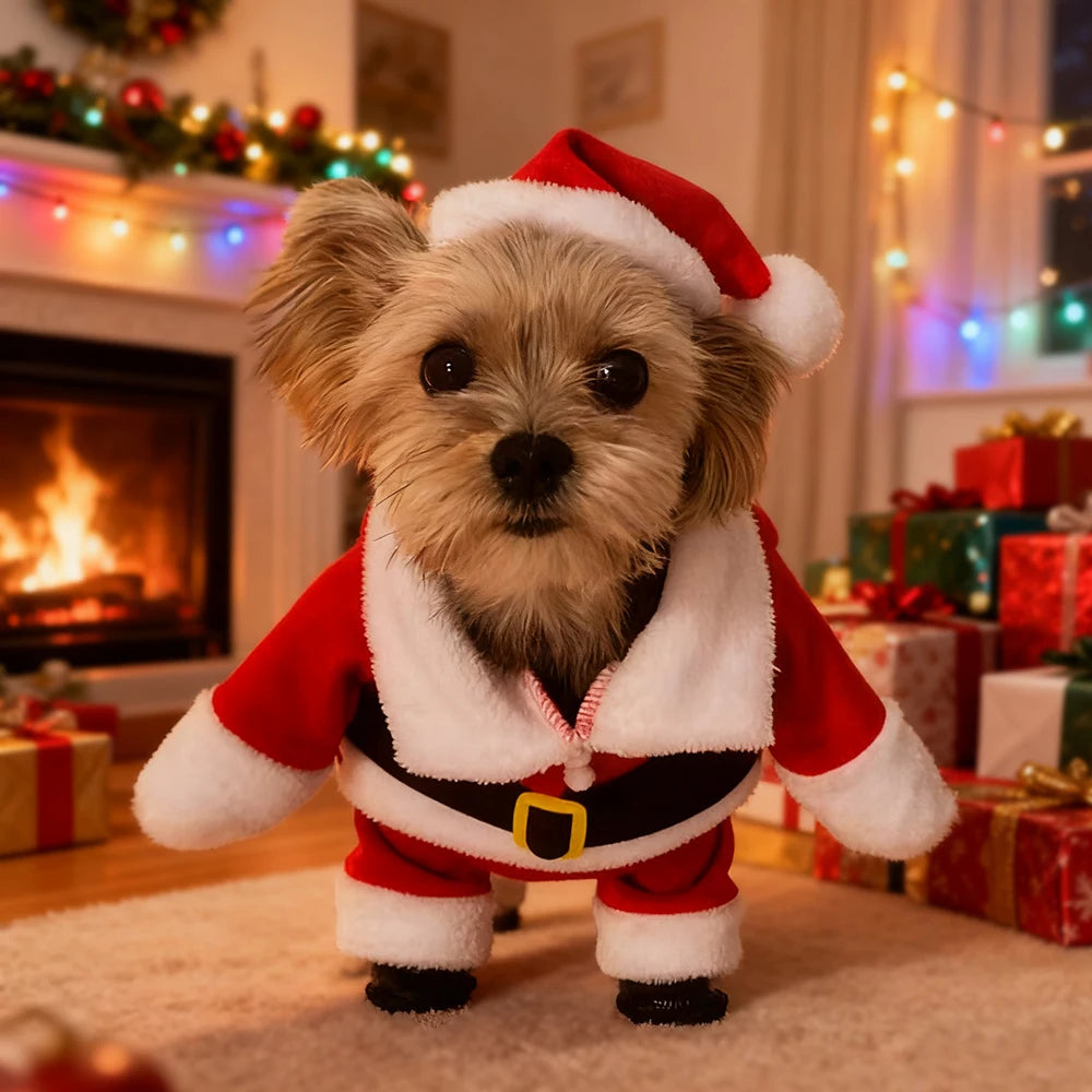 Cute Santa Claus Dog & Cat Costume – Christmas Jumpsuit Outfit for Small Dogs, Cats & Yorkies, Festive Cosplay Dress-Up Clothes