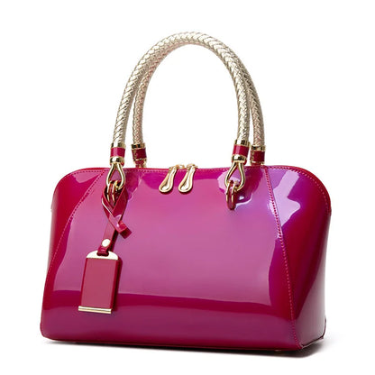 Women's Luxury Shiny Leather Boston Bag – Elegant Top-Handle Handbag in Blue, Red, Black, Beige & Pink, Fashion Shoulder Purse