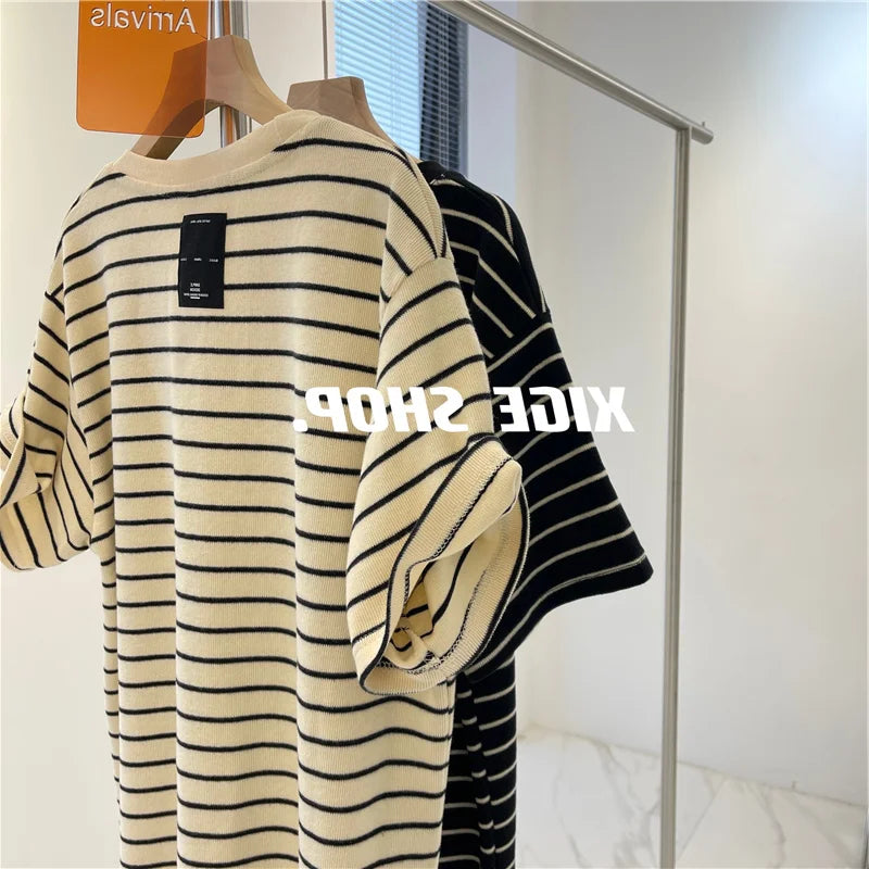 Women’s Korean Style Oversize Striped T-Shirt Loose Casual Short Sleeve Cotton Summer Commute Top