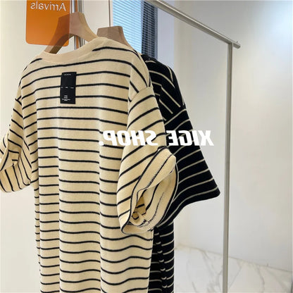 Women’s Korean Style Oversize Striped T-Shirt Loose Casual Short Sleeve Cotton Summer Commute Top