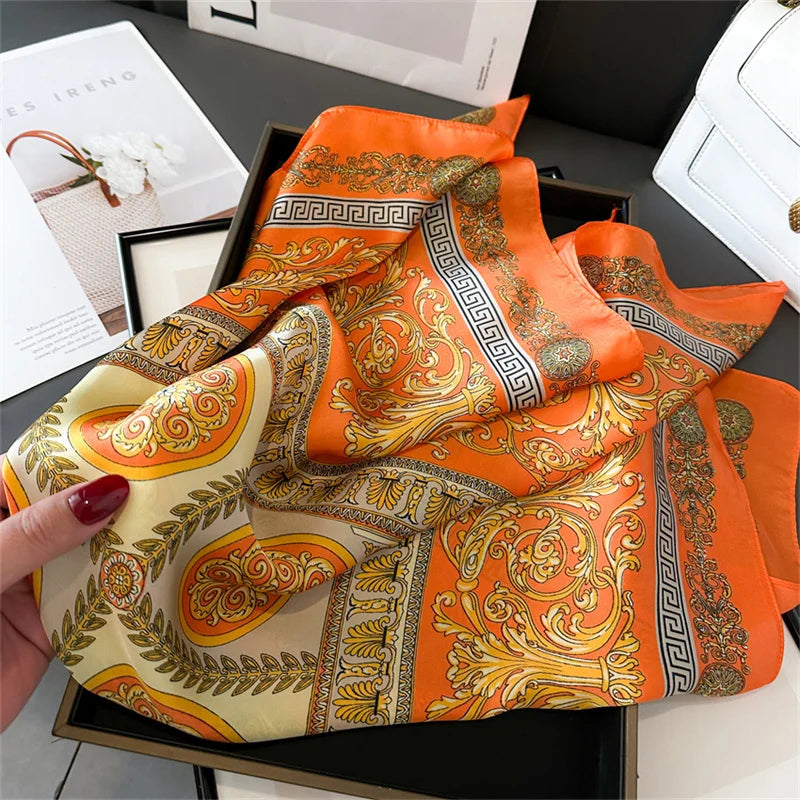 70x70CM Foulard en soie imprimé pour femme – Châle Pashmina carré tendance, tour de cou de luxe, bandeau et bandana décoratif