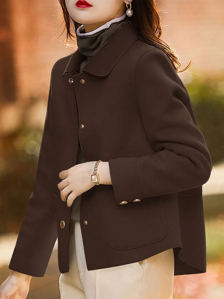 Women’s Classic Short Wool Coat – Solid Color Button-Up Jacket, Warm Autumn & Winter Fashion Outerwear
