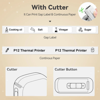Mini impresora térmica Marklife P12 – Máquina etiquetadora portátil, impresora de pegatinas adhesivas con cinta de etiquetas continua, dispositivo de etiquetado de bolsillo Bluetooth para el hogar, la oficina y la organización