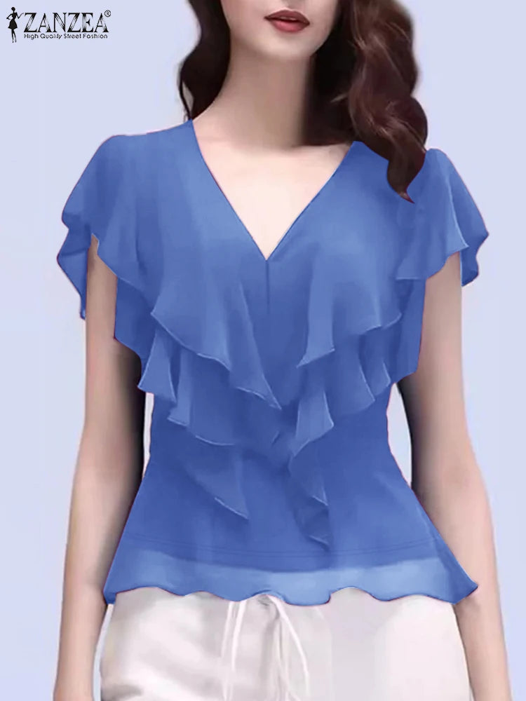 ZANZEA Women's Chiffon Blouse – Elegant Sheer Ruffle V-Neck Short Sleeve Solid Color Top for Summer