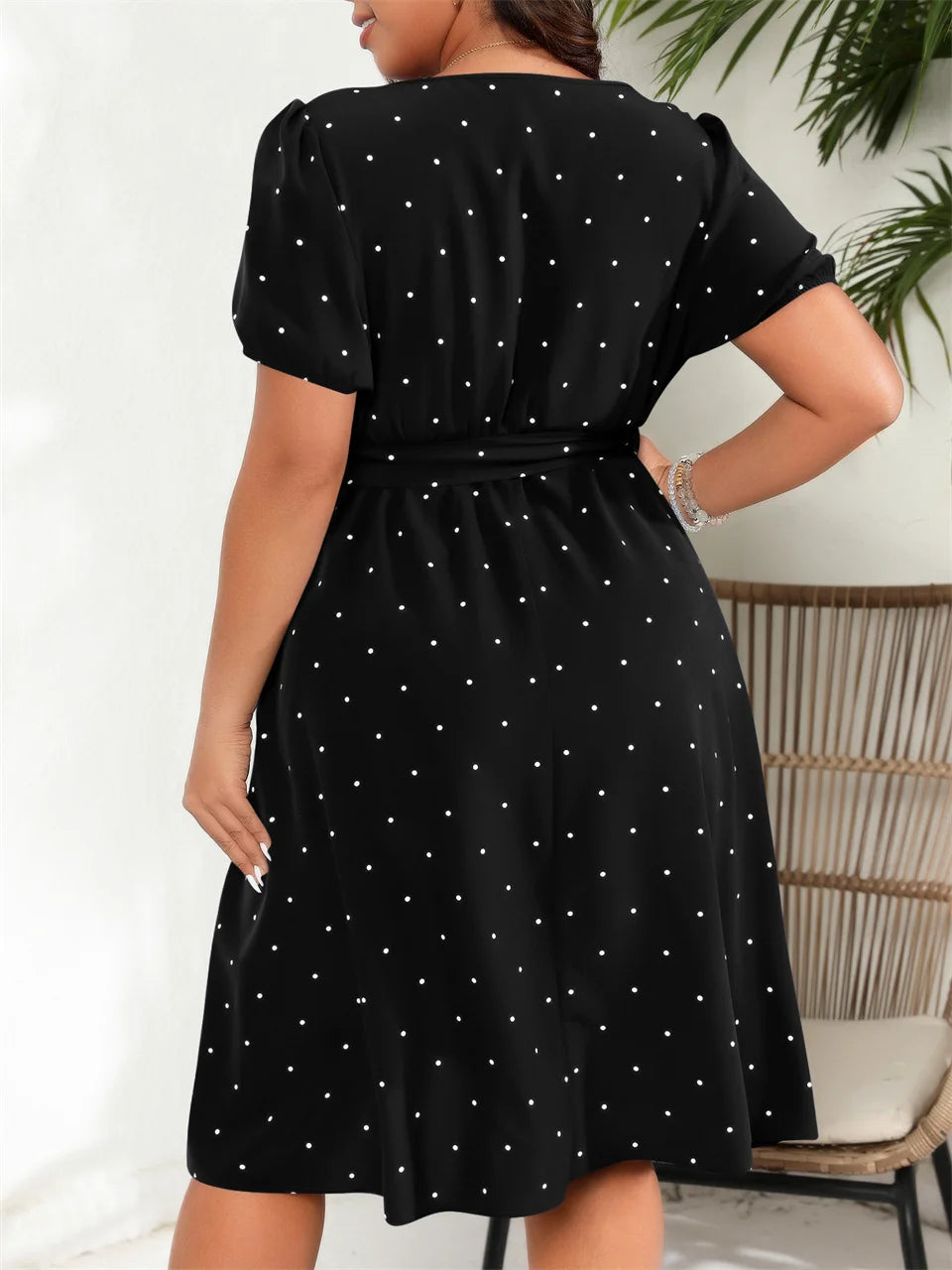 GIBSIE Plus Size Women's Polka Dot Dress – Elegant Square Neck Belted Puff Sleeve A-Line Swing Dress for Summer