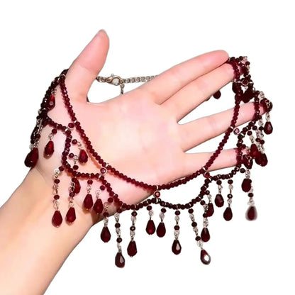 Red Teardrop Tassel Pearl Beaded Necklace – Multi-Layer Collarbone Chain for Women, Dark Elegant Statement Jewelry with Unique Design
