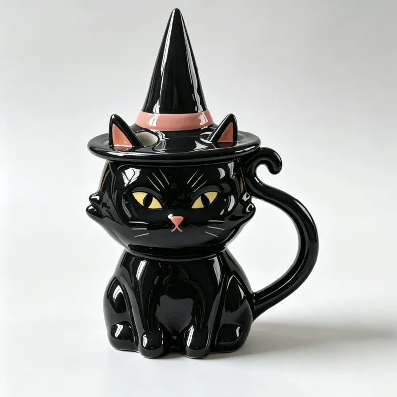 Black Cat Halloween Ceramic Mug – Cute Witch Hat Lid Coffee & Tea Cup for Home, Dorm & Parties, Cat Lover Gift