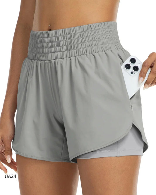 Women's High-Waist 2-in-1 Quick-Dry Workout Shorts – Elastic Waist Running & Gym Shorts with Zipper Pockets for Yoga, Fitness & Sports