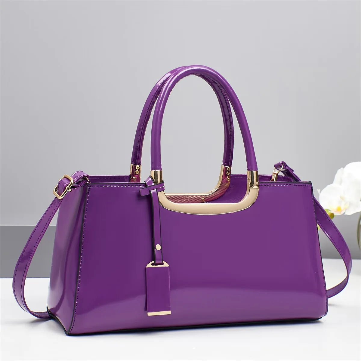 Women's Glossy Leather Tote Bag – Large Square Shoulder & Crossbody Handbag, Stylish Fashion Purse for Everyday Use