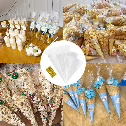 50 bolsas de celofán transparentes con forma de cono – Bolsas de plástico transparentes para palomitas, dulces, baby shower, regalos de boda y empaques de regalo