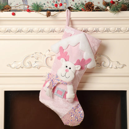 Pink Christmas Stockings – Santa Claus, Snowman & Reindeer Holiday Stocking Decorations for Family, Xmas Parties, Navidad & Home Decor
