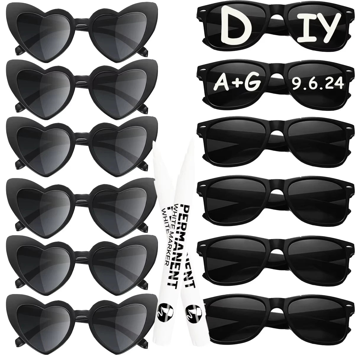 12–120PCS Personalized Heart Sunglasses with Pen – Wedding & Bachelorette Party Favors, Bridal Party Photo Props & Gifts