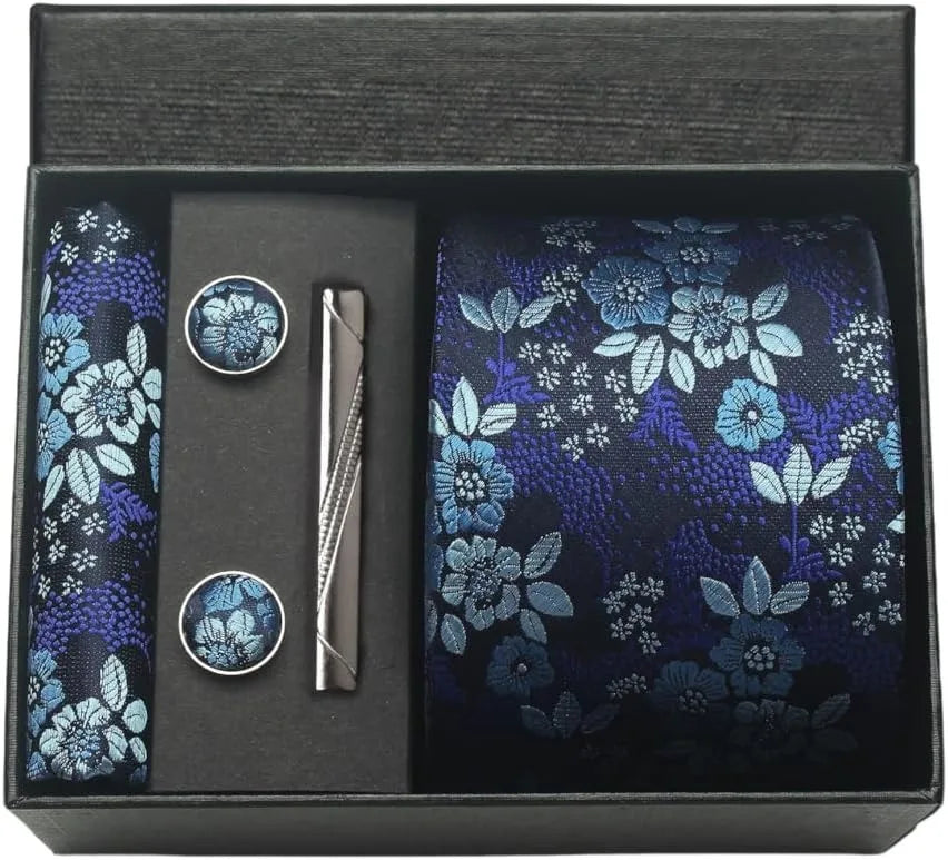 Corbata de seda 100% con diseño floral de Paisley para hombre con pañuelo de bolsillo, pasador de corbata y gemelos en caja de regalo