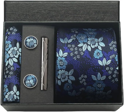 Corbata de seda 100% con diseño floral de Paisley para hombre con pañuelo de bolsillo, pasador de corbata y gemelos en caja de regalo