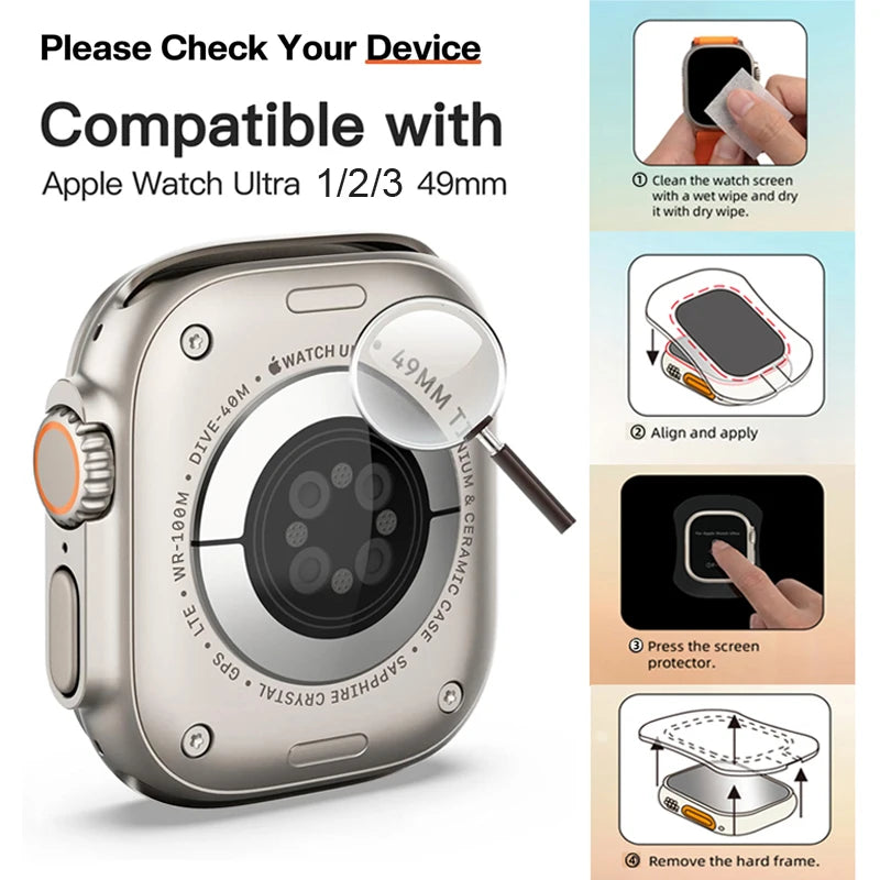 Protector de pantalla de cristal templado para Apple Watch Ultra 49 mm (Ultra 1/2/3) – Película protectora HD resistente a los arañazos con herramienta de instalación de alineación