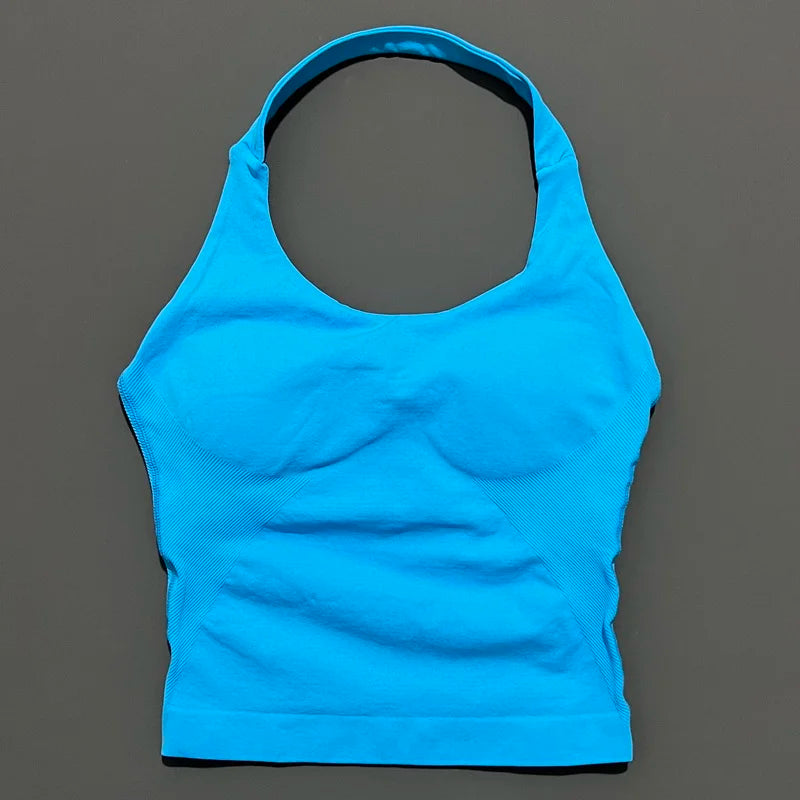 HISTELLO Women’s Seamless Longline Halter Sports Top – Built-in Bra with Removable Cups Yoga & Gym Tank Activewear