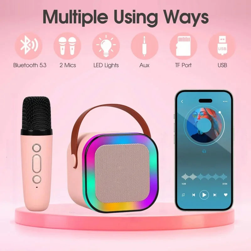 K12 Portable Karaoke Machine – Bluetooth Speaker with 1-2 Wireless Microphones, HiFi Sound & Family Singing for Kids