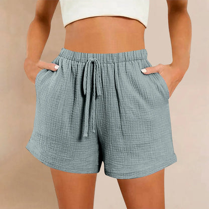 Women's Summer Cotton Crepe Shorts – Solid-Color Washed Double-Layer Gauze Lightweight Shorts, Soft Breathable & Comfortable Casual Wear