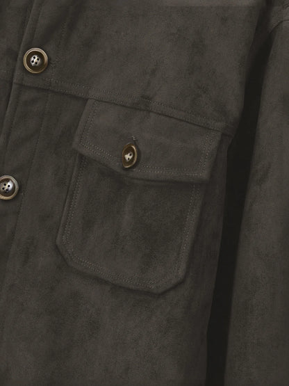 Men’s Vintage Brown Faux Suede Jacket – Stand Collar Button-Up Coat with Chest Pockets, Slim-Fit Casual Streetwear Outerwear
