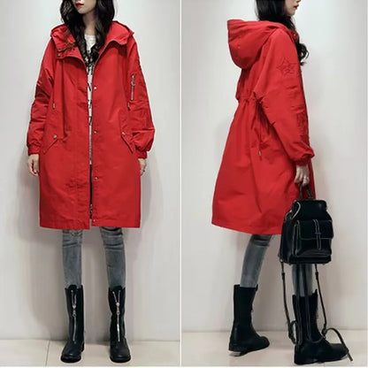 Women’s Long Embroidered Windbreaker – Chic Loose-Fit Coat with Waist-Defining Design, Hong Kong-Inspired Spring & Autumn Outerwear