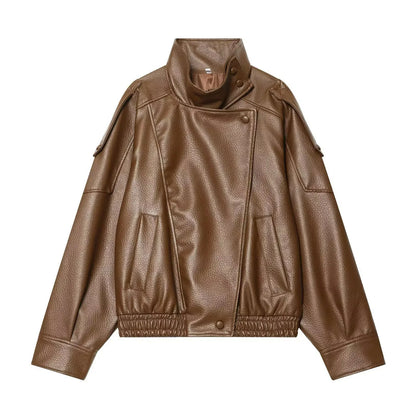 TFMLN Women’s Black Faux Leather Jacket – Oversized Long-Sleeve Button-Up Coat, Elastic-Fit Fashion Outerwear for Autumn & Winter Streetwear