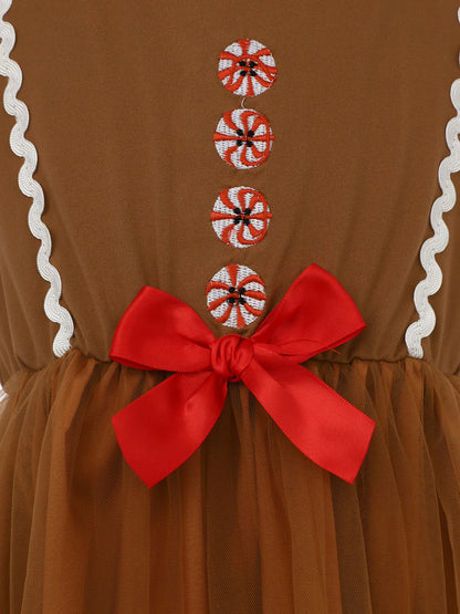 Girls' Christmas Gingerbread Man Costume Tulle Tutu Dress, Square Neck Short Sleeve Cosplay Outfit for Xmas and New Year Parties, Holiday Photo Shoots and Dress-Up Events