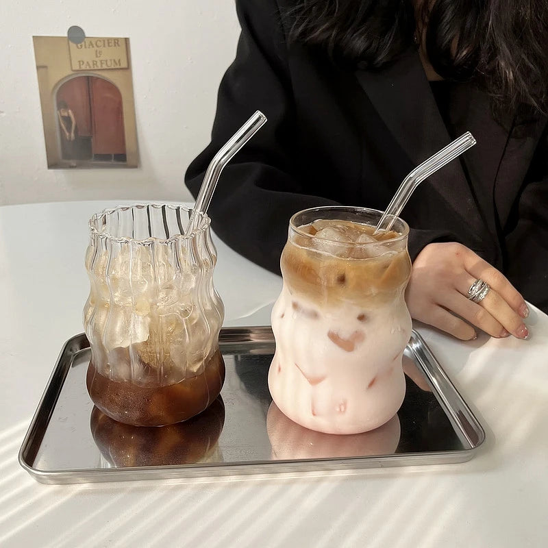 INS Style Transparent Striped Glass Cup, Creative Cold Coffee Mug, Iced Juice and Cocktail Drinking Glass, Elegant Water and Wine Cup, Modern Glass Drinkware