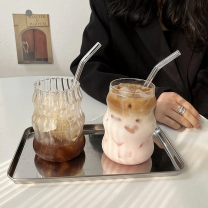 INS Style Transparent Striped Glass Cup, Creative Cold Coffee Mug, Iced Juice and Cocktail Drinking Glass, Elegant Water and Wine Cup, Modern Glass Drinkware