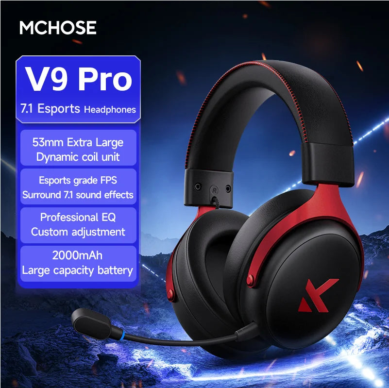 Casque de Jeu Sans Fil MCHOSE V9 Pro 3 Modes – Casque d'Esports Bluetooth, 2.4 GHz & Filaire avec Microphone Anti-Bruit