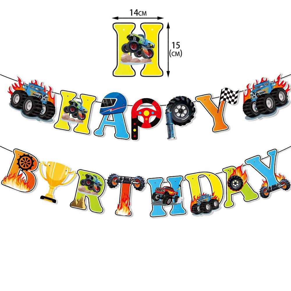 Monster Truck Birthday Party Supplies – Disposable Plates, Napkins, Banner & Tablecloth for Kids' Boys' 2nd Birthday Decorations