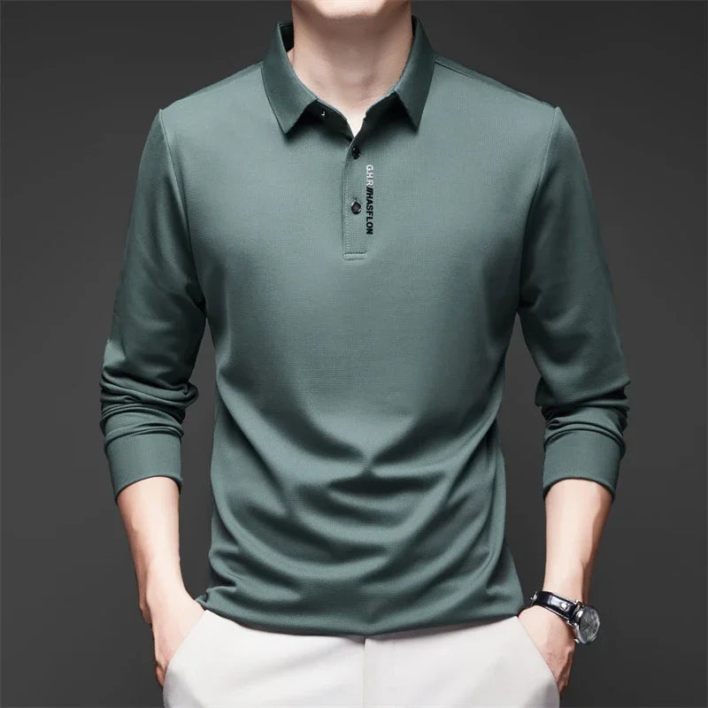 Polo à manches longues pour homme – Haut décontracté de couleur unie, respirant, confortable et tendance pour le quotidien