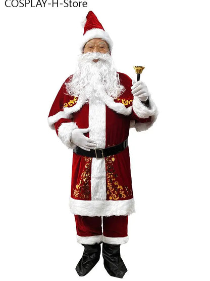 Men's Santa Claus Costume Set Gold Foil Print Christmas Outfit, Sizes M–6XL, Festive Holiday Cosplay Performance Suit for Christmas Parties and Halloween Dress-Up