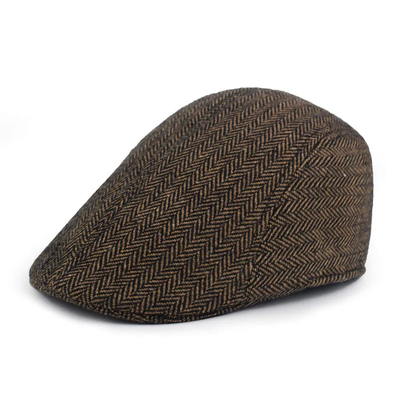 Men's Wool Beret Hat – Herringbone Flat Cap for Autumn & Winter, Classic Artist Painter Style Hat for Men