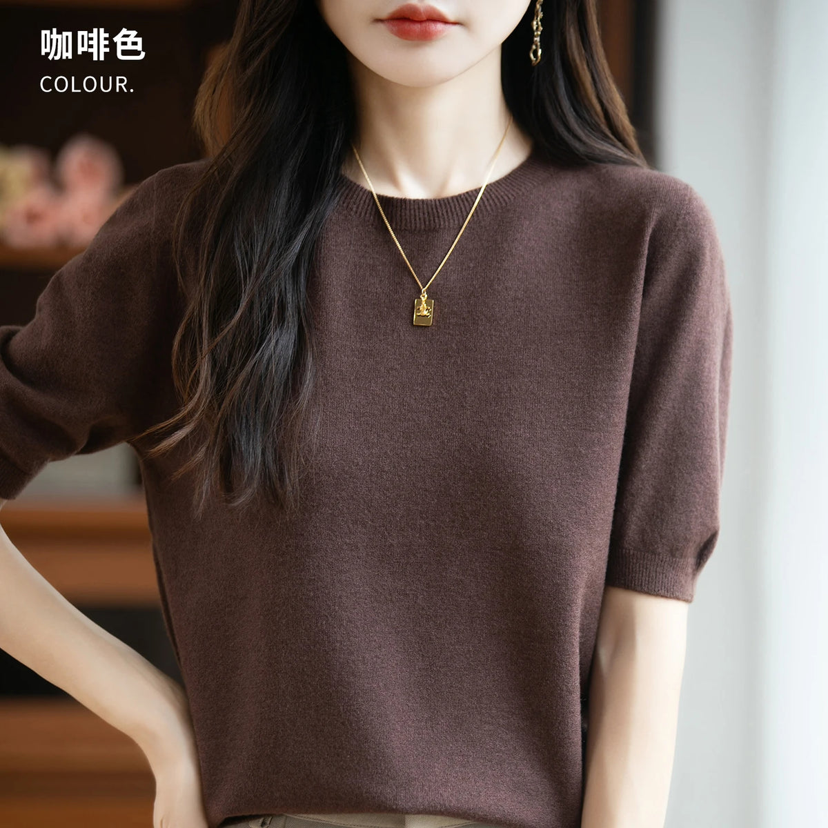 Women's 100% Wool Knitted Sweater – O-Neck Short-Sleeve Pullover, Warm Basic Casual Top for Fall & Winter, Available in 22 Colors