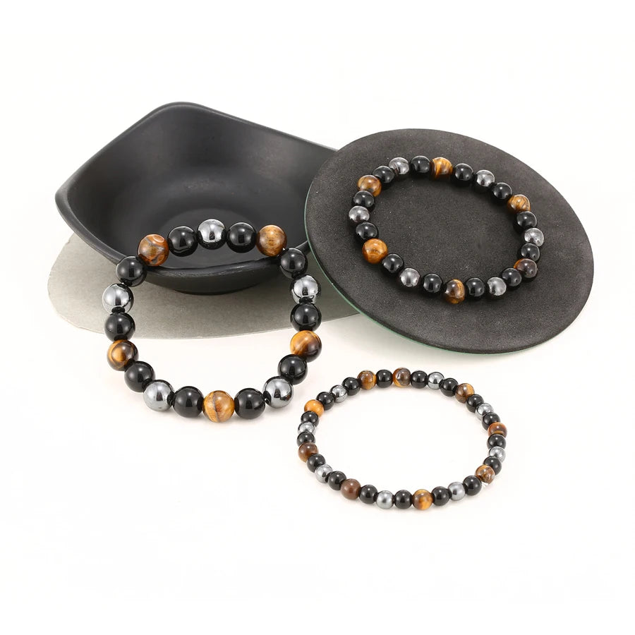 Bracelet de perles en obsidienne noire naturelle, hématite et œil de tigre – Bracelet en pierres naturelles pour homme, protection, énergie et accessoire de mode