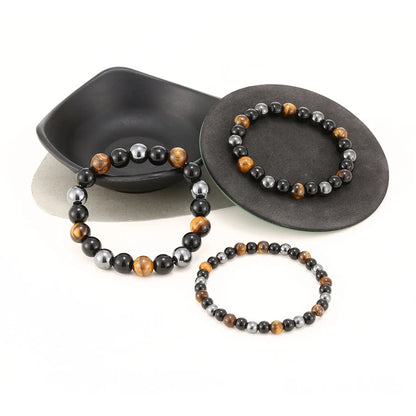 Bracelet de perles en obsidienne noire naturelle, hématite et œil de tigre – Bracelet en pierres naturelles pour homme, protection, énergie et accessoire de mode