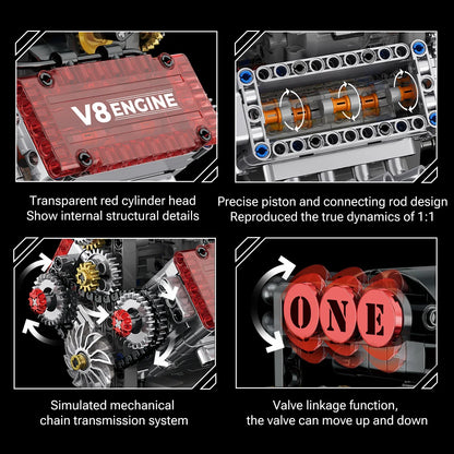 478PCS V8 Engine Building Blocks Model – Motorized Mechanical Car Engine Construction Set with Electric Drive, Desktop Ornament & Gift for Adults