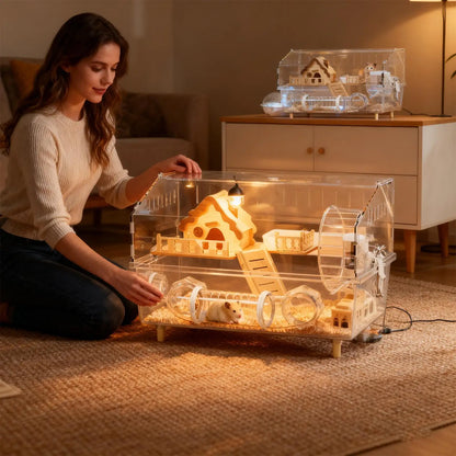 Acrylic Hamster Cage – Transparent Rodent Habitat with Accessories, Luxury Villa Enclosure for Syrian, Dwarf Hamsters, Gerbils & Mice