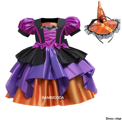 Girls Pumpkin Halloween Costume Dress – Fancy Bat Print Witch Princess Ball Gown for Cosplay, Festival & Party