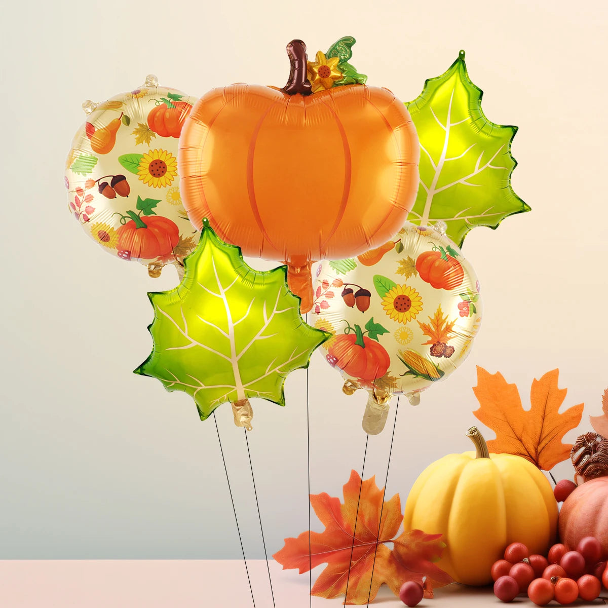 5PCS Fall Maple Leaf, Pine Cone & Pumpkin Balloon Set – Autumn Harvest Festival & Thanksgiving Day Party Decorations